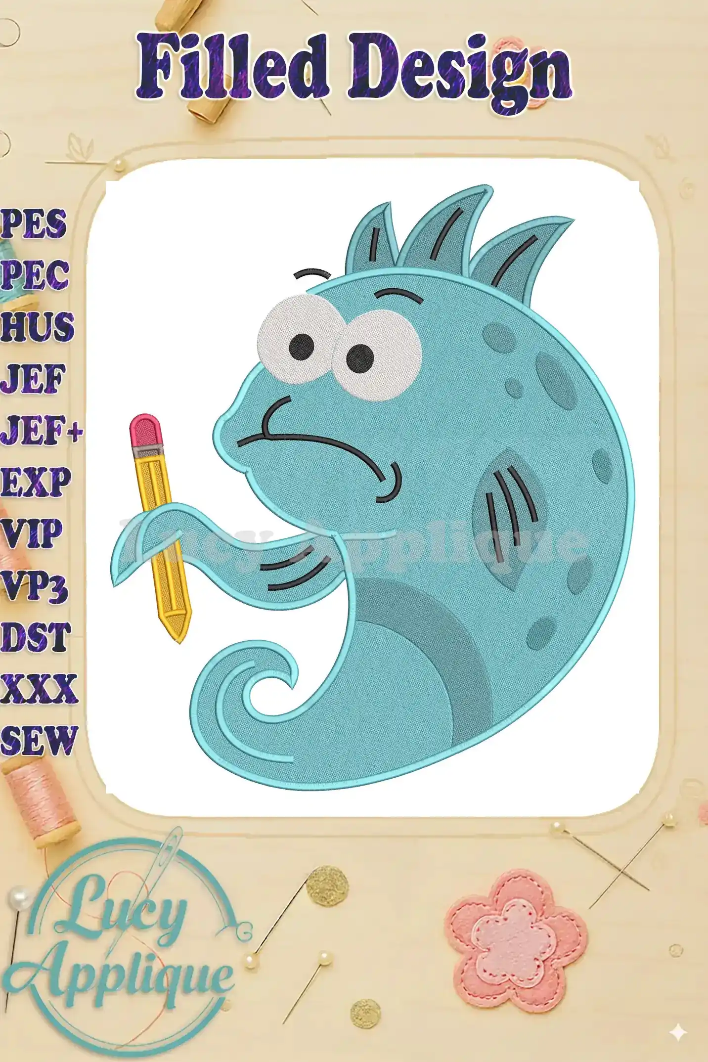 A charming Pout-Pout Fish fill embroidery design in vibrant blue, holding a yellow pencil with a pink eraser.