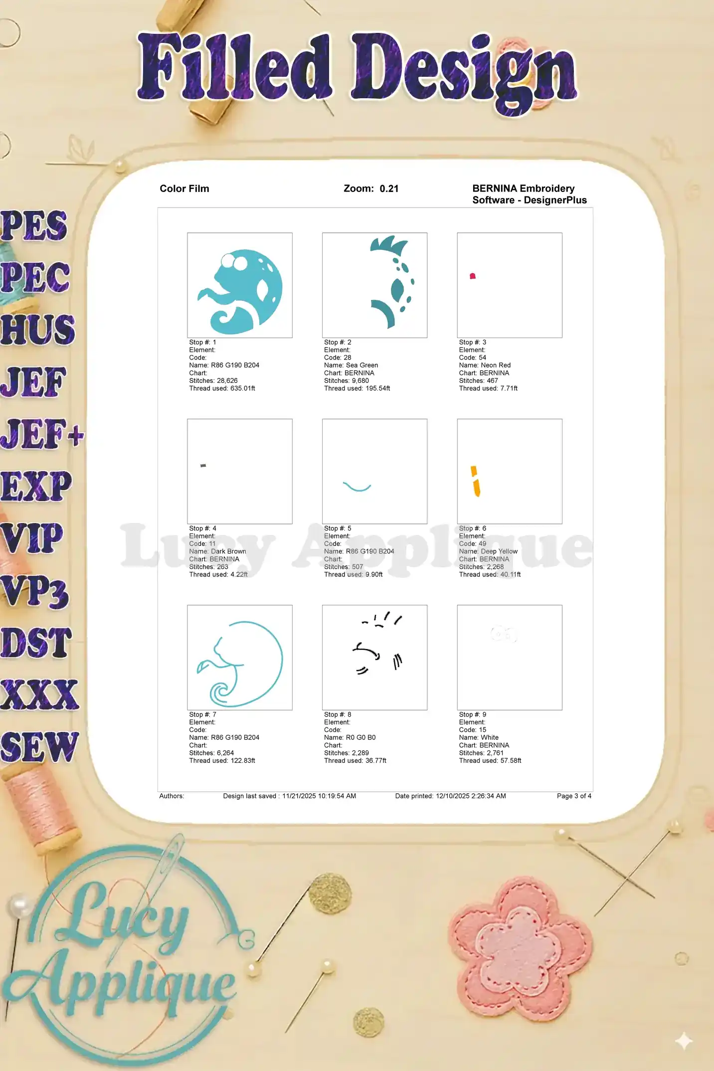 Color film displaying the first 9 embroidery stops for the Pout-Pout Fish, showing the stitch progression.