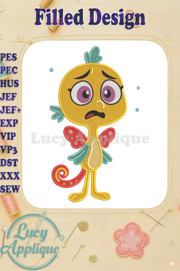 A vibrant fill embroidery design of Mr. Fish from The Pout-Pout Fish, featuring his classic worried expression.