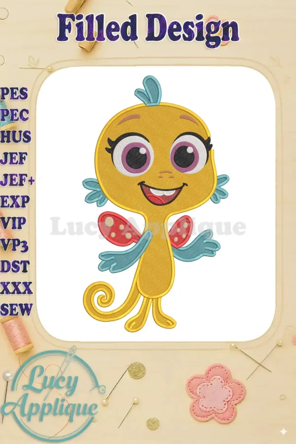 A joyful yellow sea creature from The Pout-Pout Fish series, featuring vibrant fill embroidery details and a friendly smile.