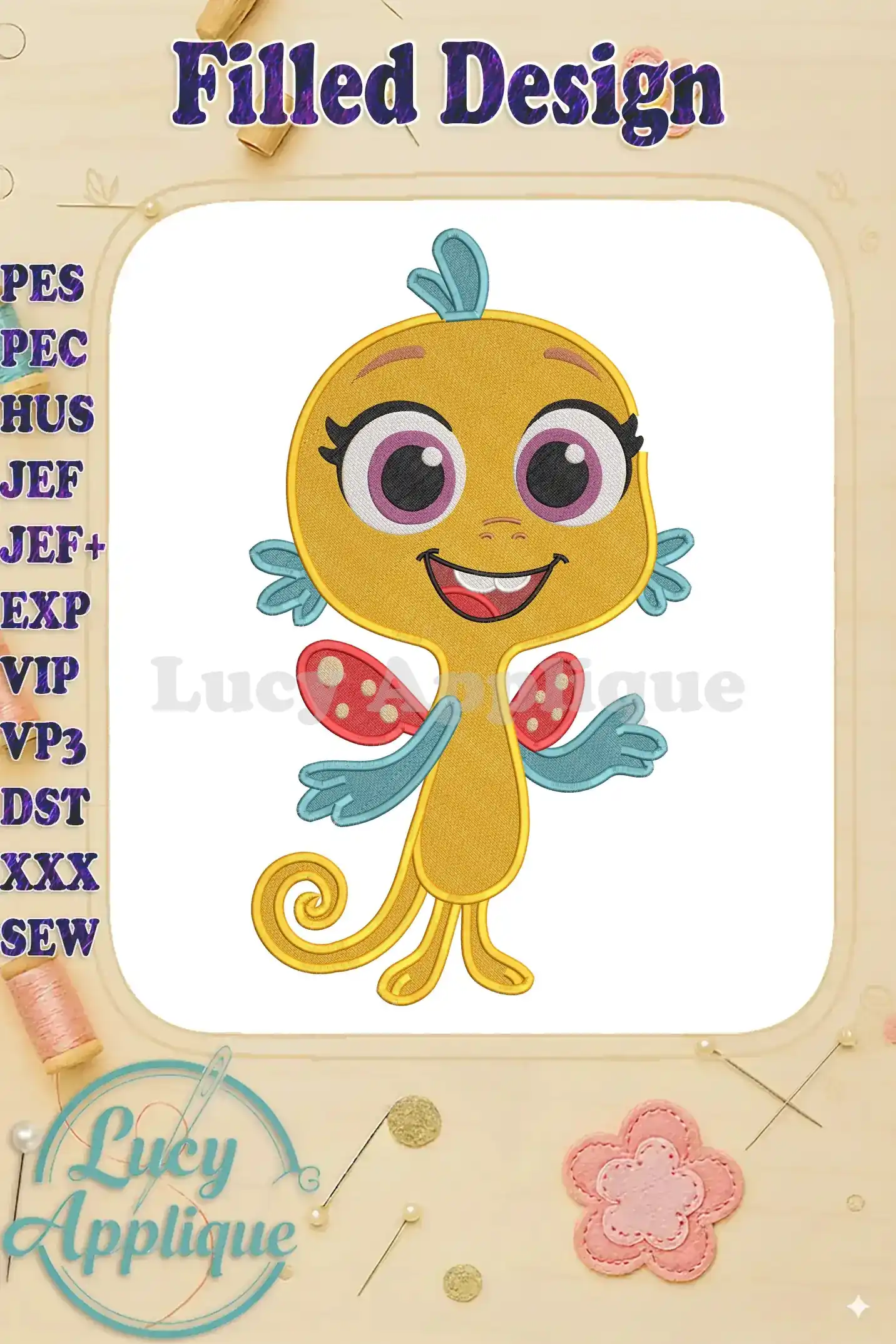 A joyful yellow sea creature from The Pout-Pout Fish series, featuring vibrant fill embroidery details and a friendly smile.