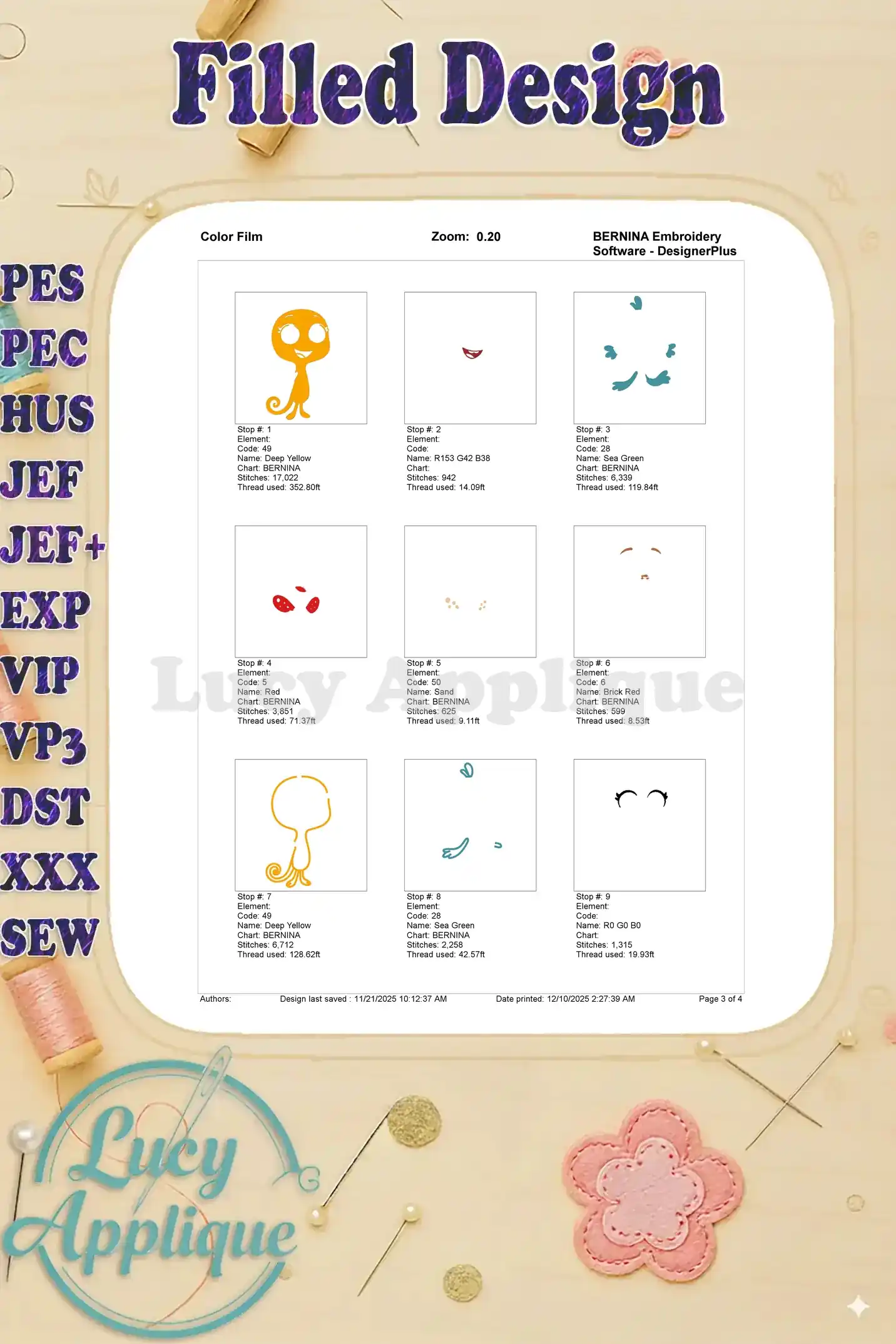 The first page of the color film, showing initial embroidery steps of the Pout-Pout Fish character's fill design.