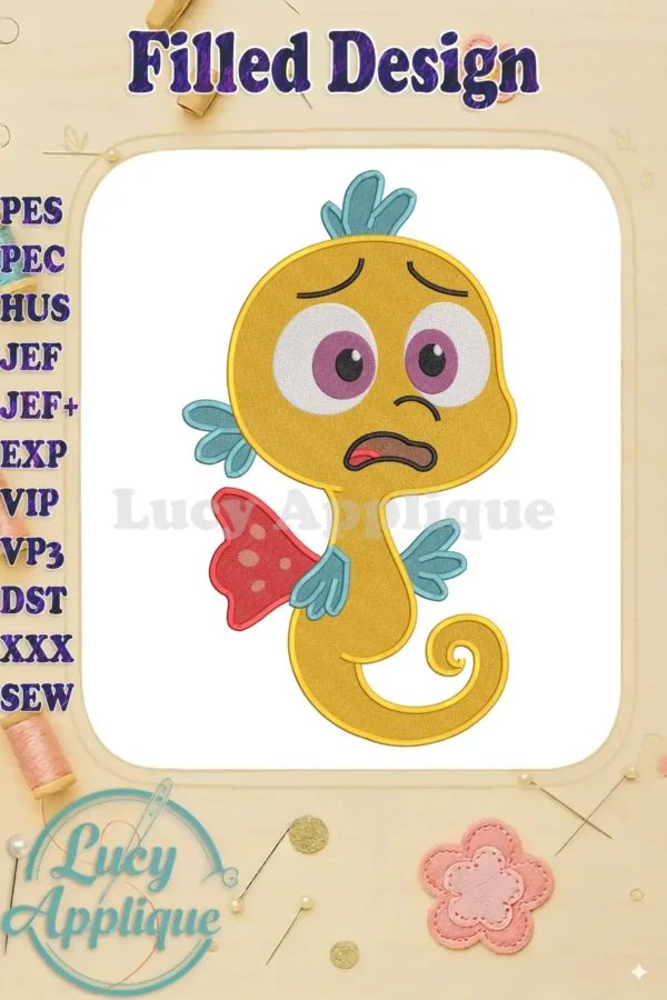 A vibrant fill embroidery design of Mr. Fish from 'The Pout-Pout Fish', showcasing his worried expression and detailed stitching.
