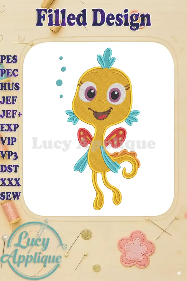 A cheerful yellow Pout-Pout Fish friend fill embroidery design with blue fins and red detail, smiling brightly.