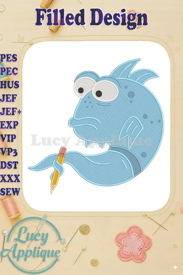 Dive into creativity with Mr. Pout-Pout Fish holding a pencil, a charming fill embroidery design. Perfect for kids' projects!