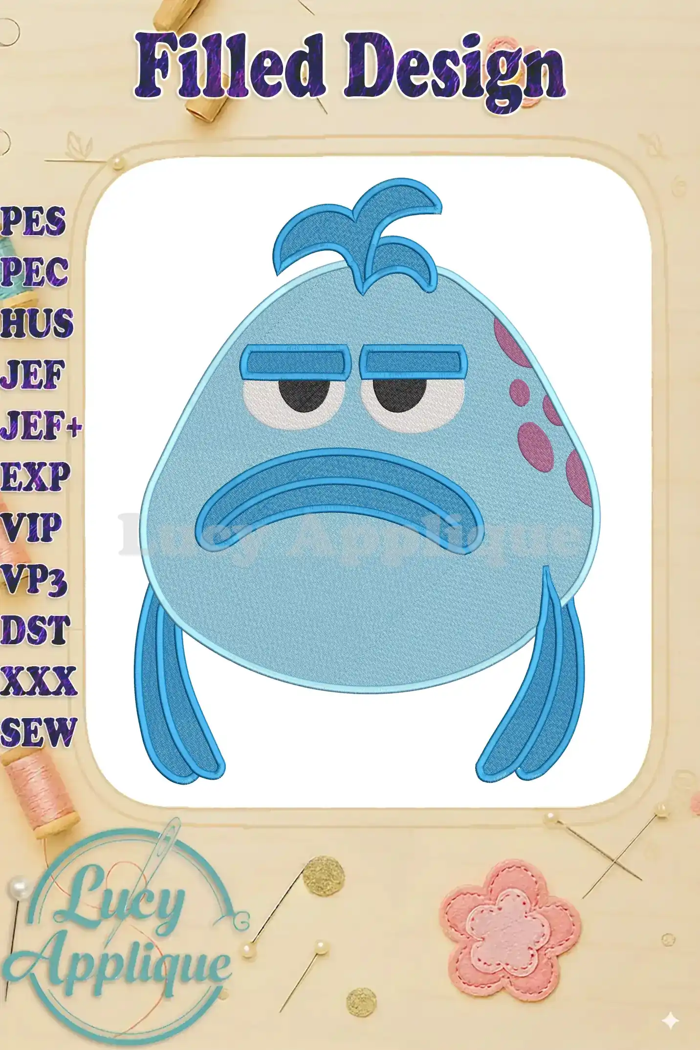A vibrant fill embroidery of 'The Pout-Pout Fish' character, featuring his signature sad expression and blue hues.
