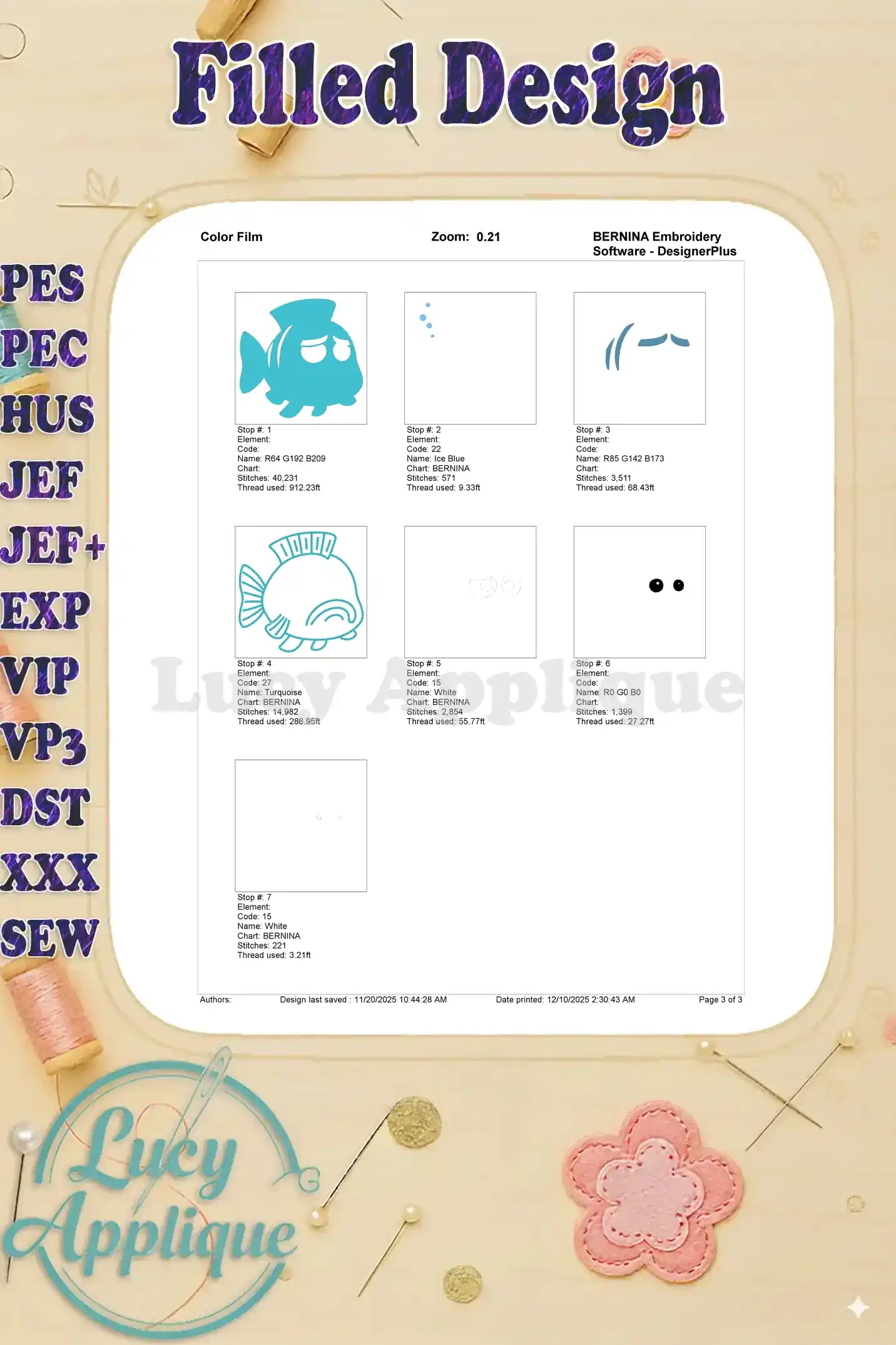 Color film breakdown for Pout-Pout Fish fill embroidery, showing each stitching step and thread usage for precise execution.