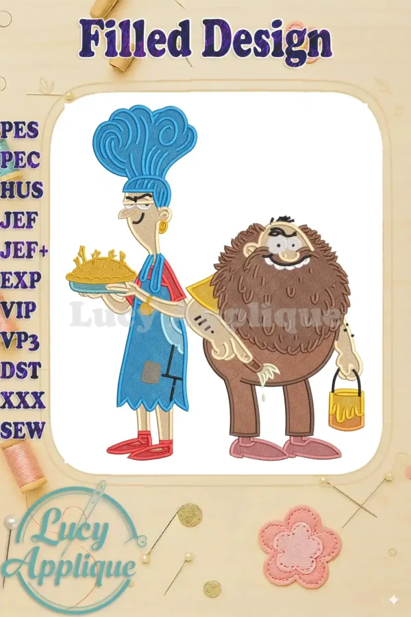 Full-color fill embroidery design featuring a mischievous Mrs. Twit with pie and a hairy Mr. Twit with a honey pot.