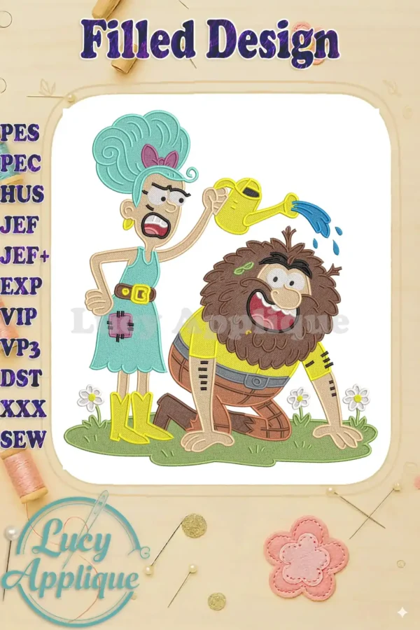 A vibrant fill embroidery design of Mrs. Twit pouring water on Mr. Twit, from Roald Dahl's 'The Twits'.