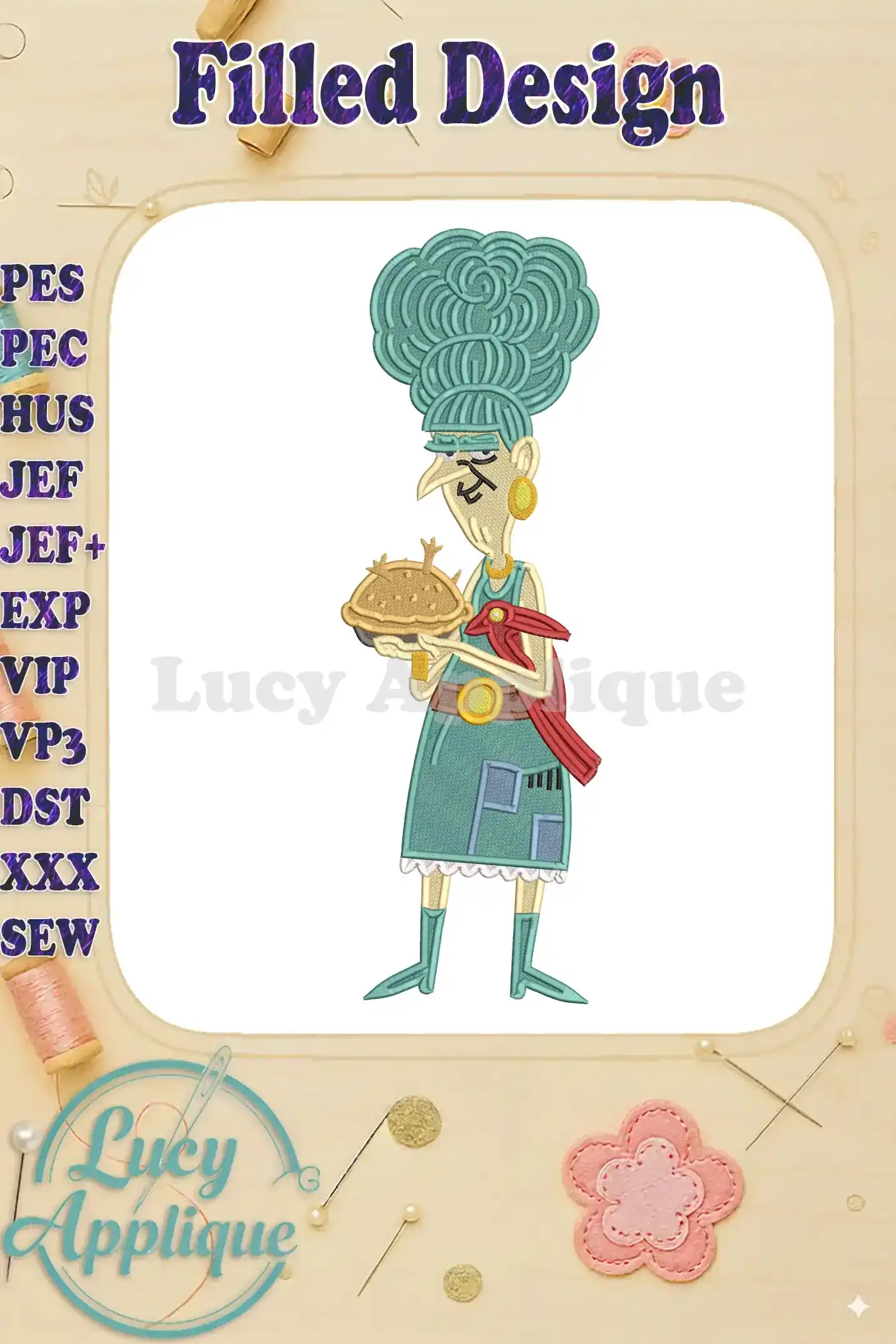 A vibrant fill embroidery design of Mrs. Twit from 'The Twits', holding a pie, showcasing intricate detail.