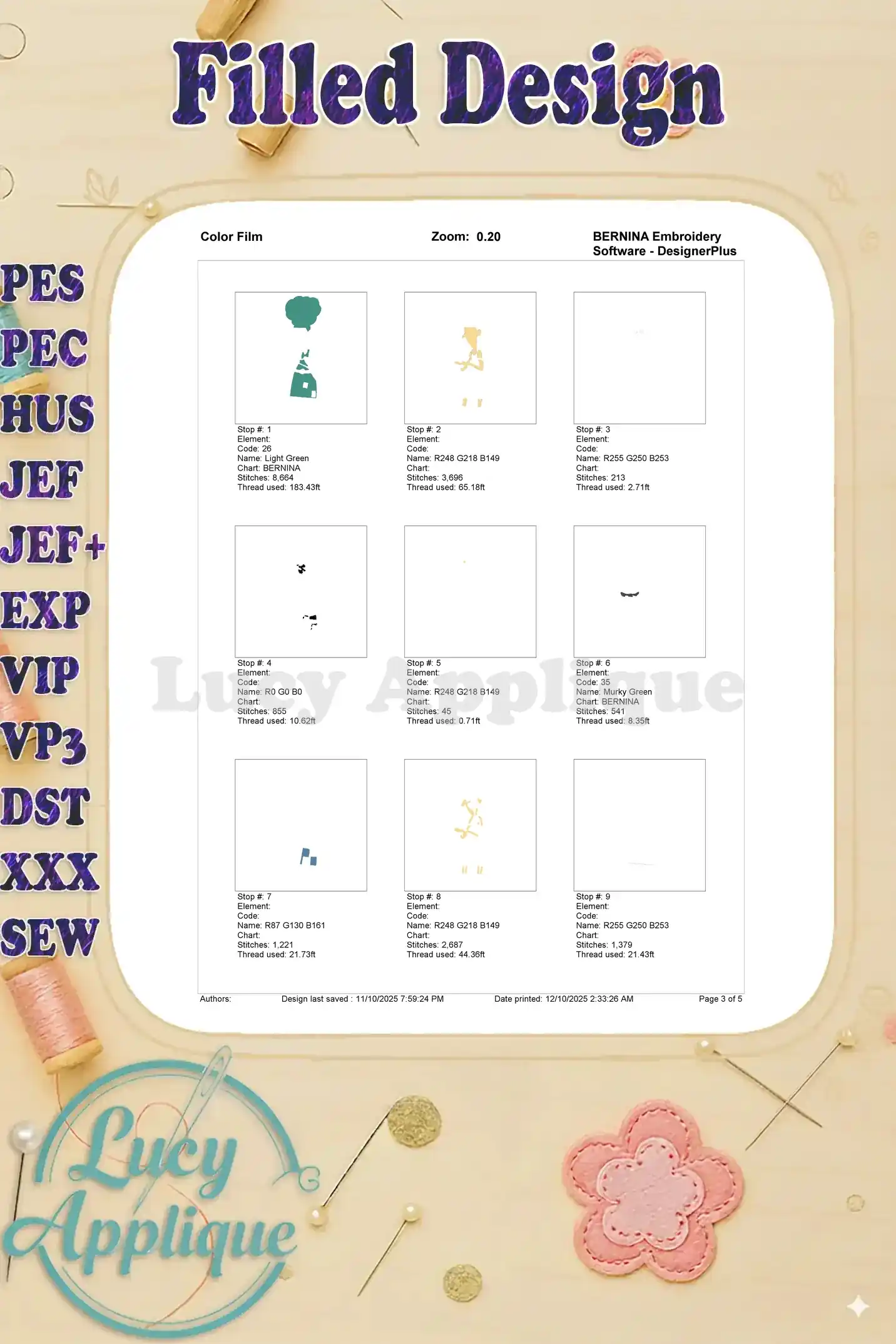 Embroidery color film showing the first 9 stitching steps for Mrs. Twit, detailing thread colors and stitch counts.