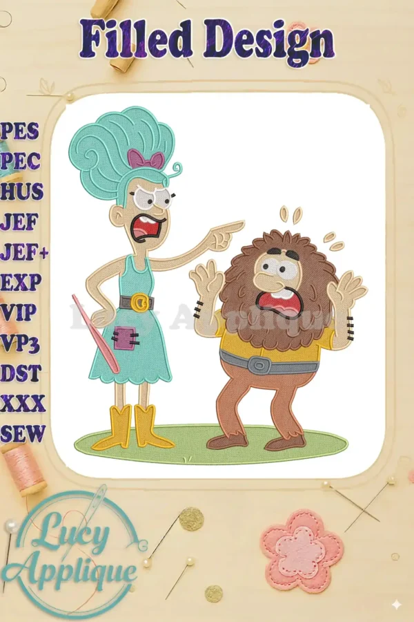 Vibrant fill embroidery of Mrs. Twit scolding a terrified Mr. Twit, capturing their classic chaotic dynamic perfectly.