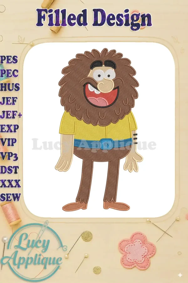 A vibrant fill embroidery design of Mr. Twit from 'The Twits,' featuring his iconic shaggy beard and yellow shirt.