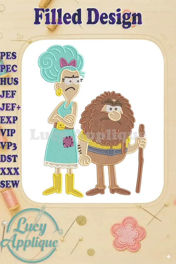 Vibrant fill embroidery of Mr. and Mrs. Twit, featuring Mrs. Twit with blue hair and Mr. Twit with a large beard.