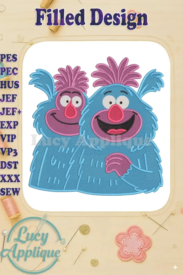 Two cheerful blue Muggle-Wumps from 'The Twits' with pink hair and features, rendered in detailed fill embroidery, smiling widely.