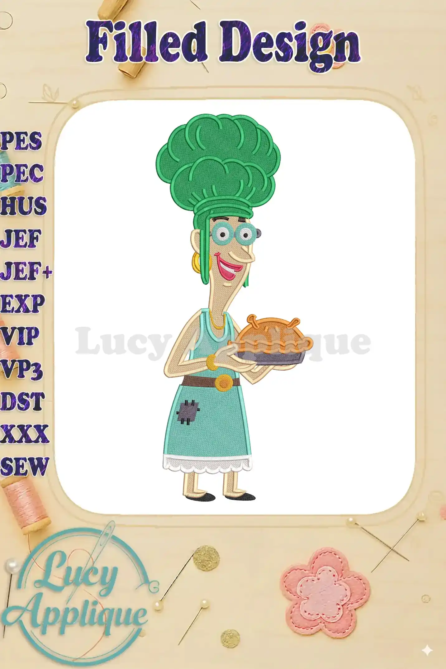 Vibrant fill embroidery of Mrs. Twit from 'The Twits', holding a pie, showcasing her green hair, glasses, and turquoise dress.