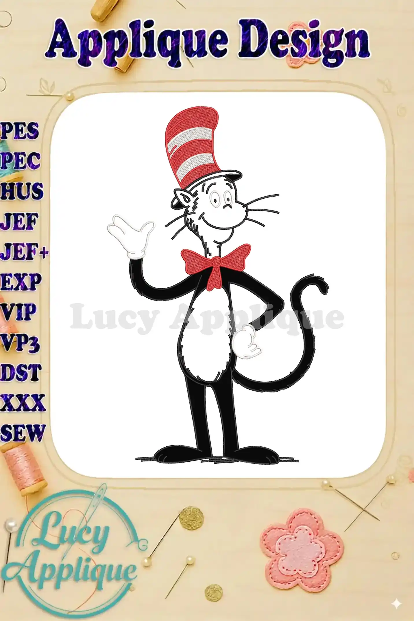Full-body applique embroidery design of the Cat in the Hat, standing and waving, featuring his iconic striped hat and red bow tie.