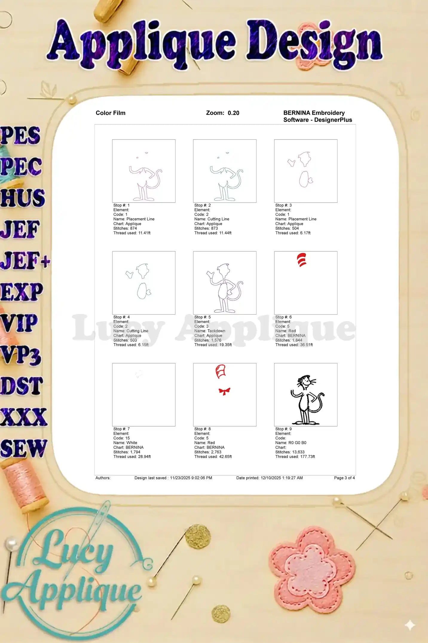 First page of the 'Color Film' for the Cat in the Hat applique, showing early stitch stops for placement, cutting, and tackdown lines.