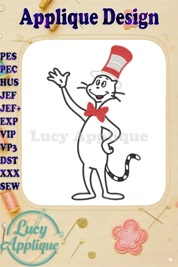 Iconic Cat in the Hat character applique embroidery design, featuring his signature red and white hat and bow.