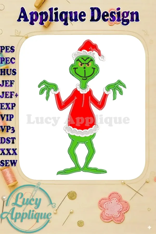 The Grinch in a Santa suit applique embroidery design, featuring vibrant green and red, perfect for holiday projects.