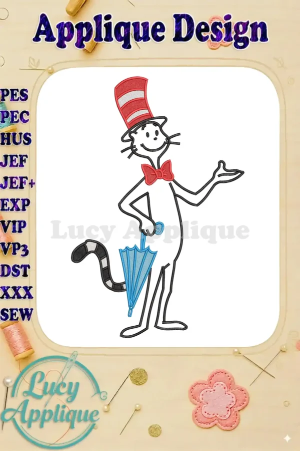 A cheerful Cat in the Hat applique embroidery design, holding a blue umbrella, on a white background.