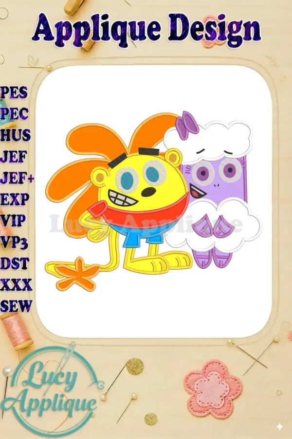 A vibrant applique embroidery design featuring Wubbzy, the yellow character, and Widget, the purple cloud character.