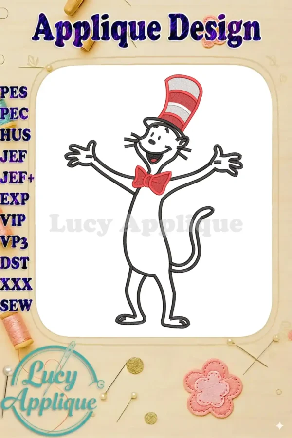 Vibrant Cat in the Hat applique embroidery design, featuring the iconic character with arms wide open, ready to stitch.