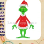 Grinch Holiday Applique embroidery designs wearing Santa hat and red suit - Instant Download