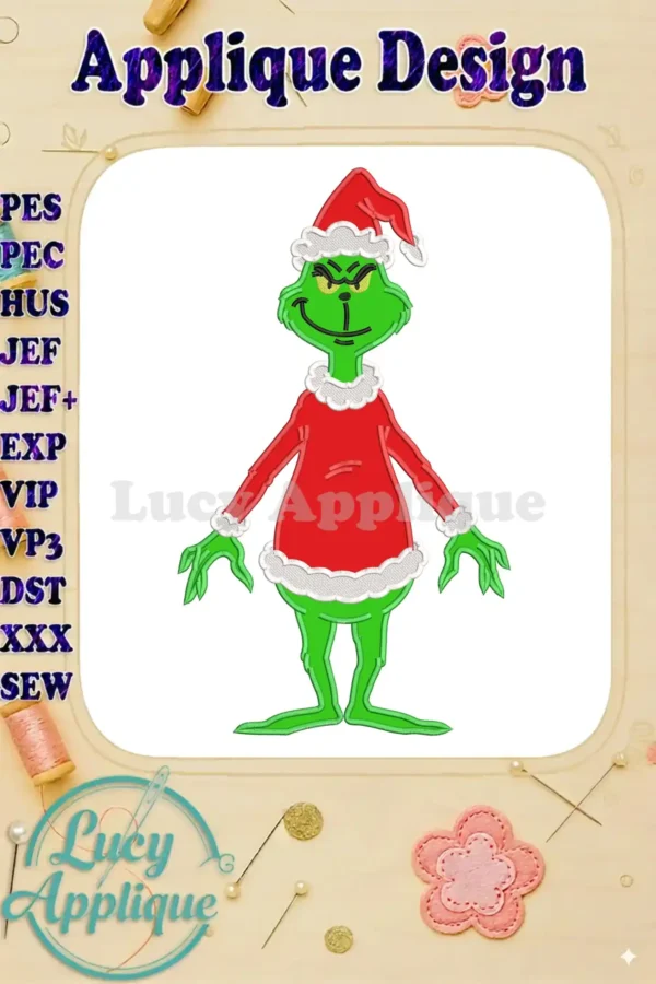 A vibrant Grinch applique embroidery design, featuring the iconic green character in a red Santa suit with white trim.