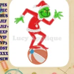 Mischievous Grinch Santa Suit Applique Embroidery Designs Balancing on Ball - Instant Download