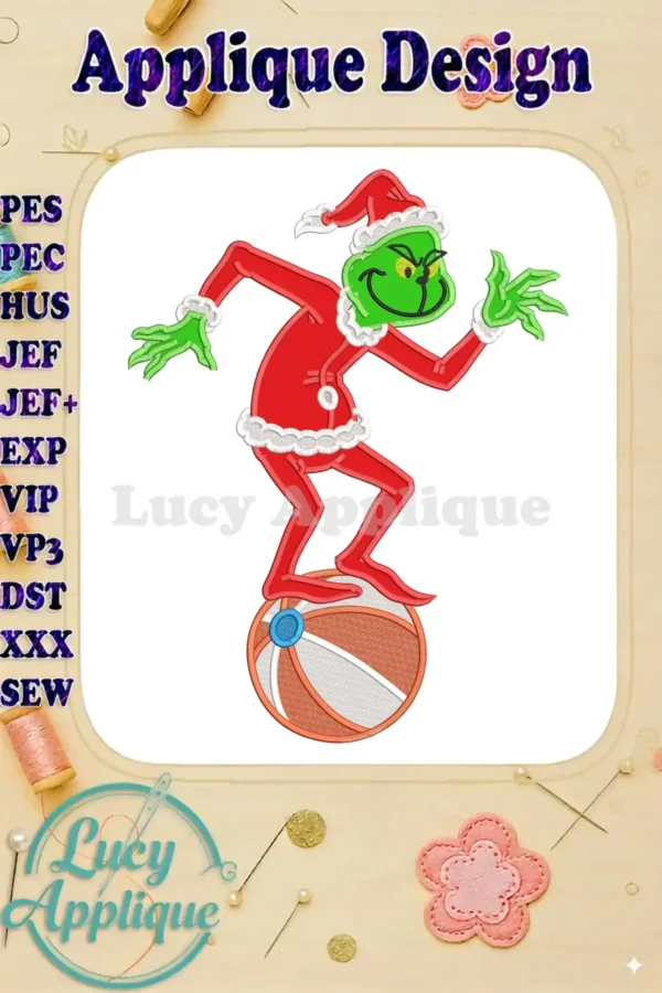 A vibrant Grinch in a Santa suit balancing on a beach ball, an applique design for holiday embroidery projects.