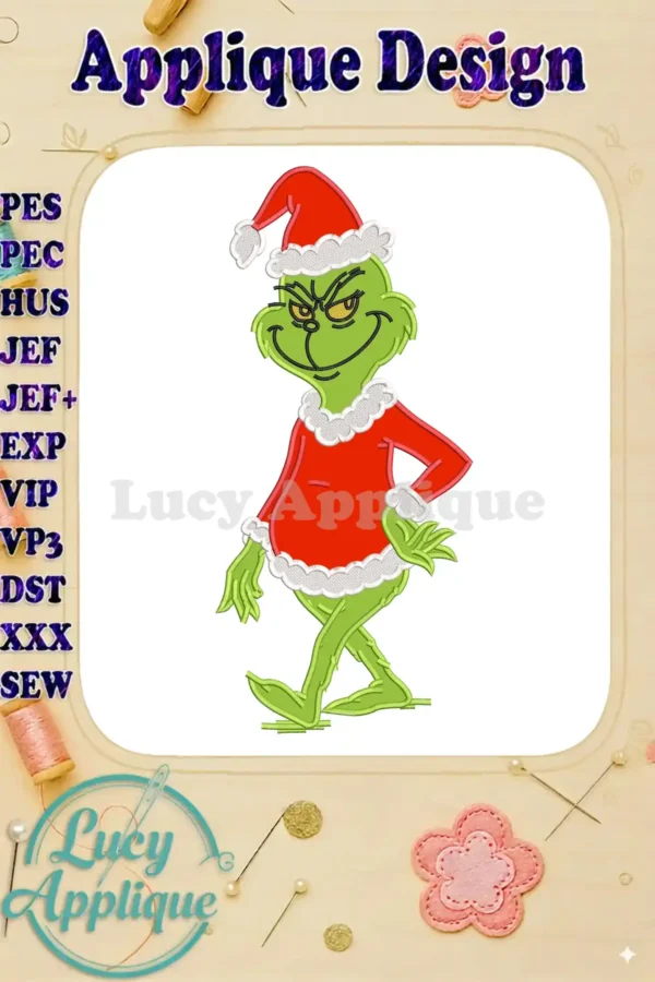 Mischievous Grinch applique design in a Santa hat and suit, perfect for festive holiday embroidery projects.