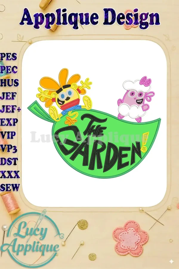 Vibrant applique embroidery design featuring Wubbzy and Daizy from 'A Garden Cartoon Movie' on a green leaf with 'THE GARDEN' text.