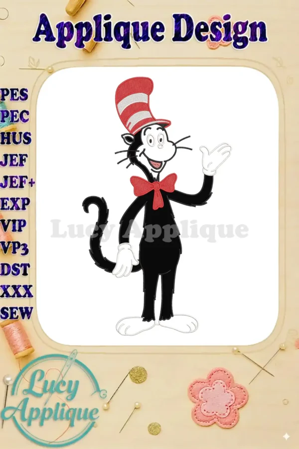 A full-body applique embroidery of the cheerful Cat in the Hat, complete with striped hat and red bow tie.