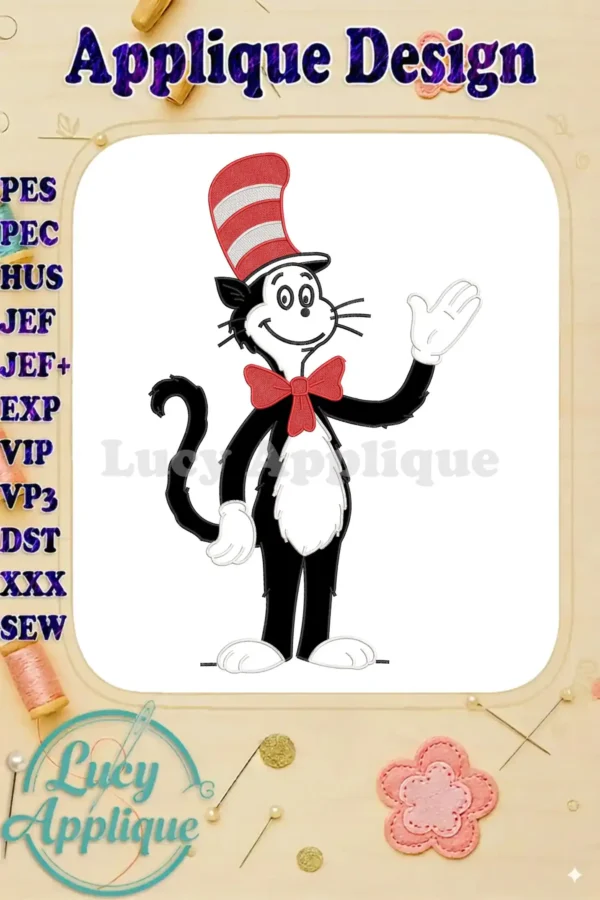 Vibrant Cat in the Hat applique embroidery design, featuring the iconic character with his red and white hat.