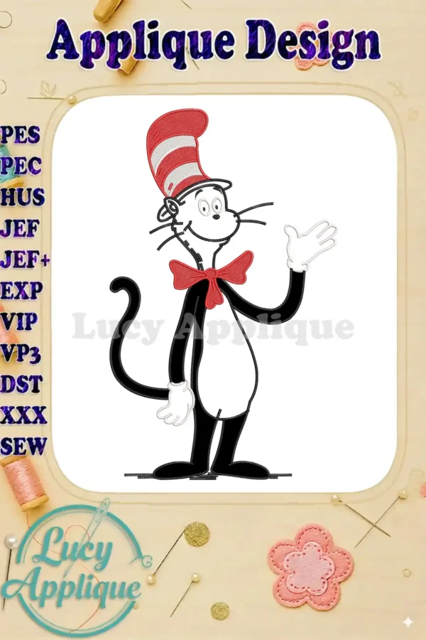 A cheerful Cat in the Hat applique embroidery design, featuring his iconic red and white striped hat and red bow tie.