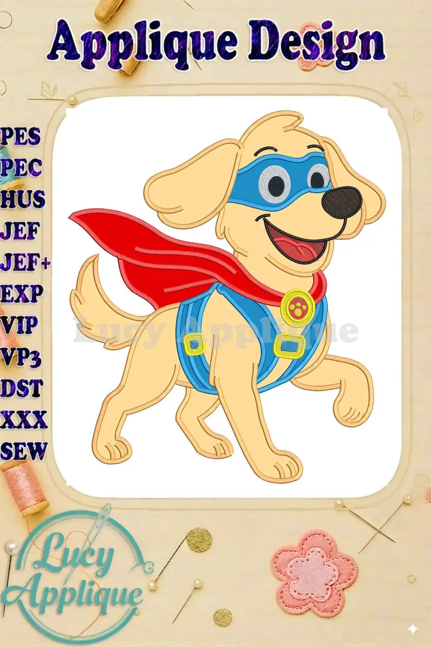 Vibrant applique embroidery of Charlie the Wonderdog, a golden retriever wearing a blue mask and red cape, mid-stride.