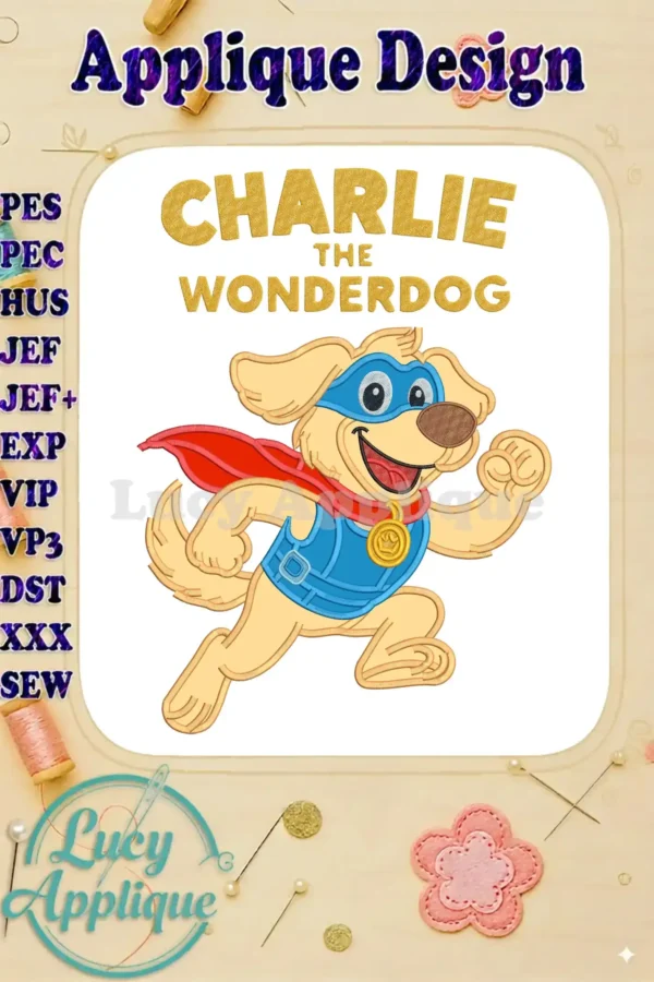 A dynamic applique embroidery of Charlie the Wonderdog, a golden retriever in a blue mask, red cape, and blue vest, running.