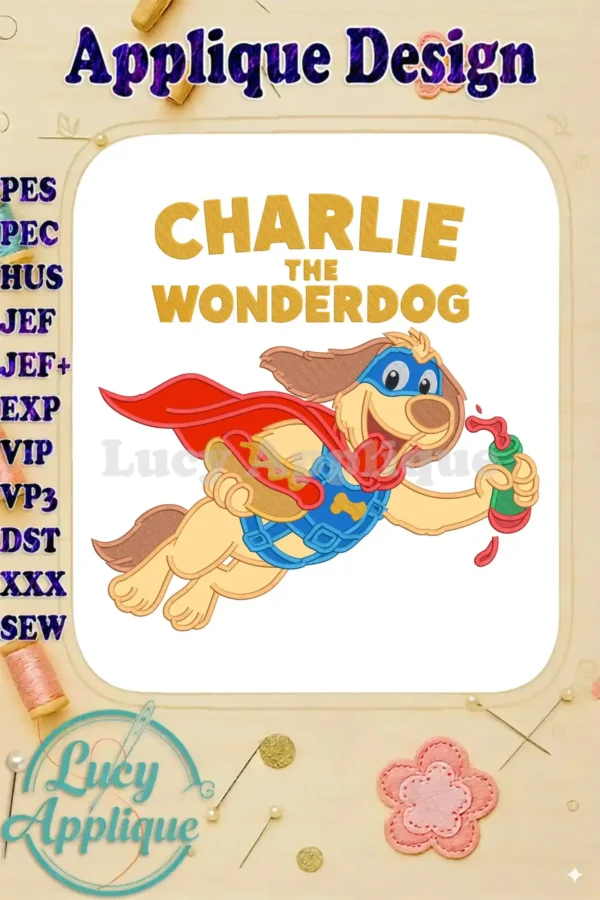 Charlie the Wonderdog applique design, a heroic dog in a blue suit and red cape, holding a hotdog and ketchup.