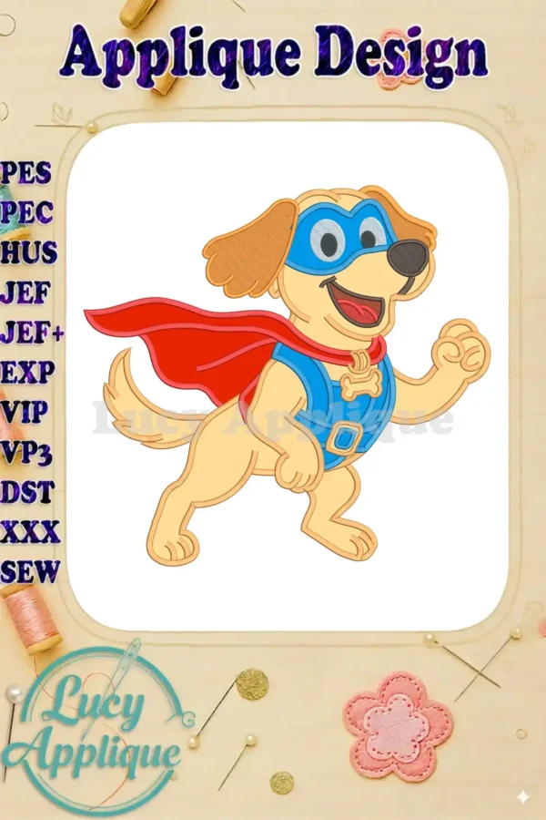 Vibrant applique embroidery of Charlie the Wonderdog, a golden retriever wearing a blue mask, red cape, and blue superhero suit, ready for action.