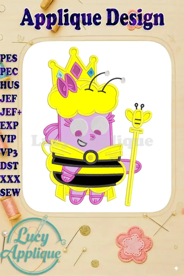 A whimsical Queen Bee applique design, adorned with a crown and bee scepter, from "A Garden Cartoon Movie The Greatest Thing Ever!".