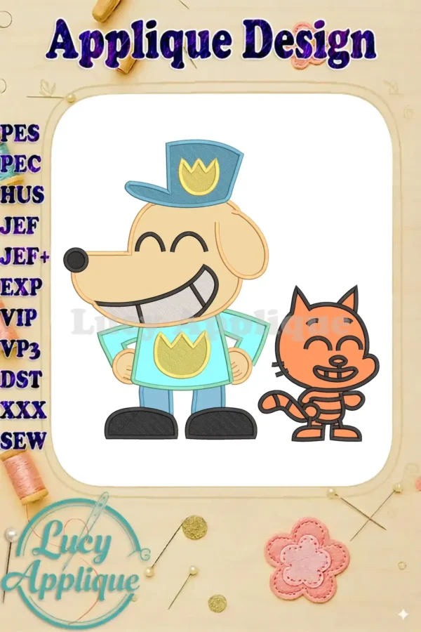 A vibrant applique embroidery design featuring Dog Man in his police uniform with a wide smile, alongside a small orange cat.