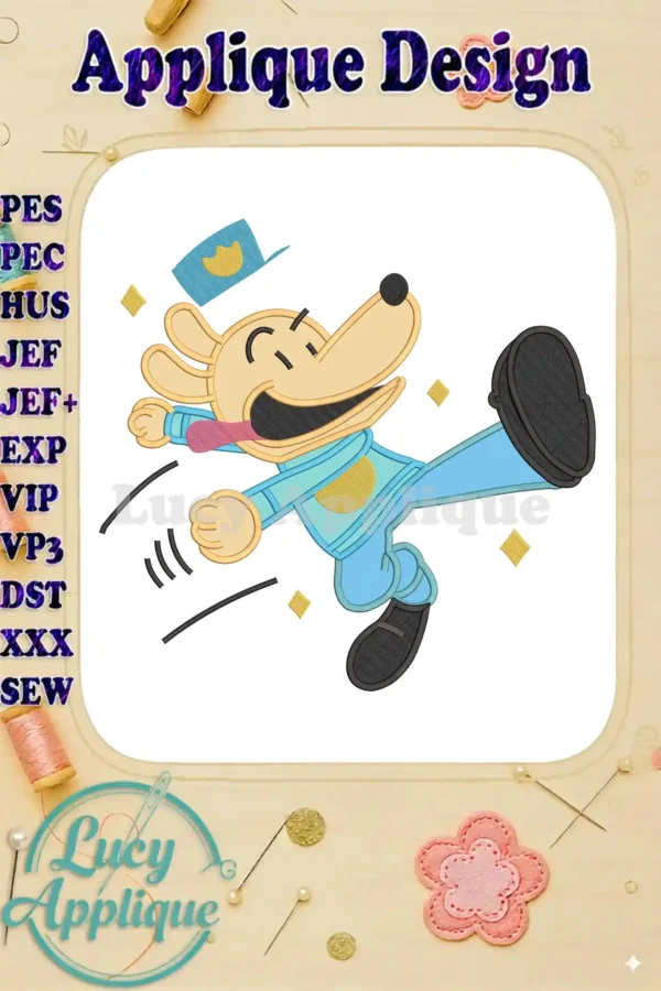 Vibrant Dog Man applique embroidery design showing the character joyfully leaping with his police hat and uniform.