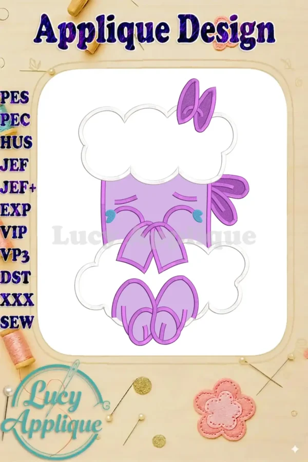 A charming applique embroidery design featuring a shy purple cloud character with bows, from 'A Garden Cartoon Movie'.