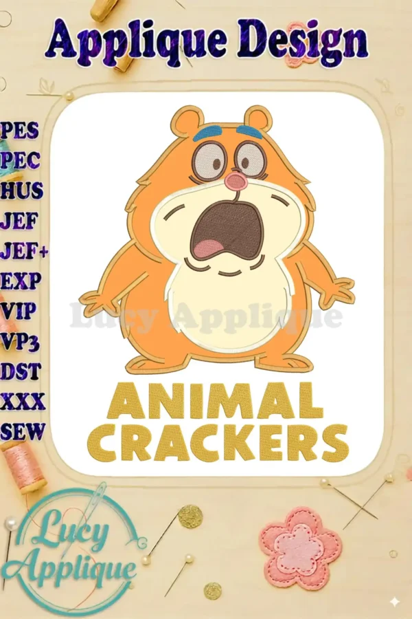 Vibrant applique embroidery design featuring Chester, the surprised hamster from Animal Crackers, with bold text.