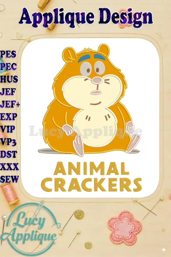 Full view of Chester the Hamster applique embroidery design, featuring vibrant orange, white, and blue colors.