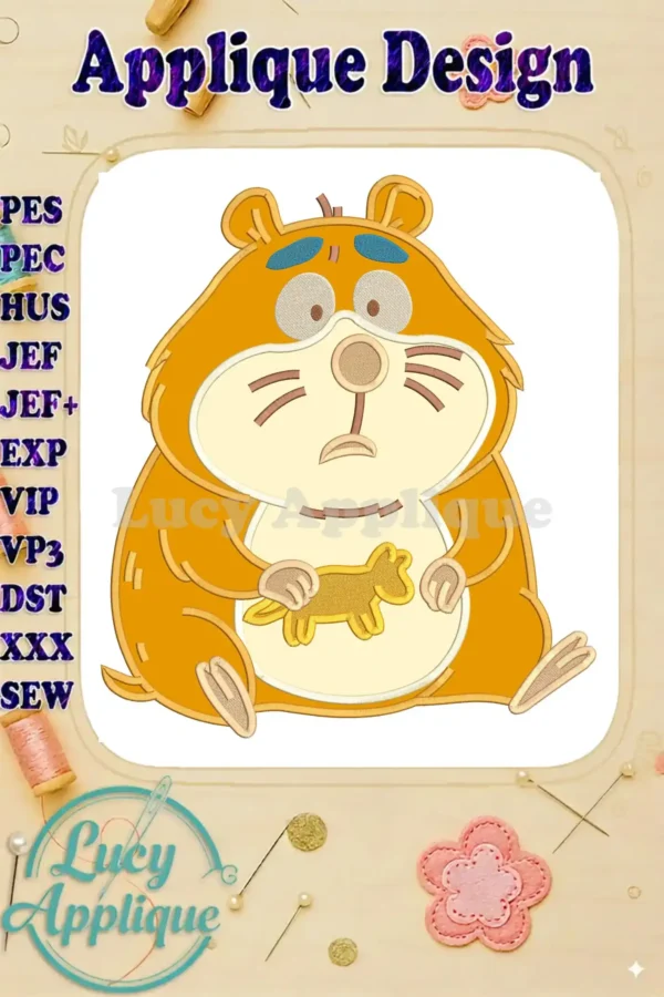 A charming applique embroidery design featuring a worried orange hamster holding a small, yellow animal cracker.