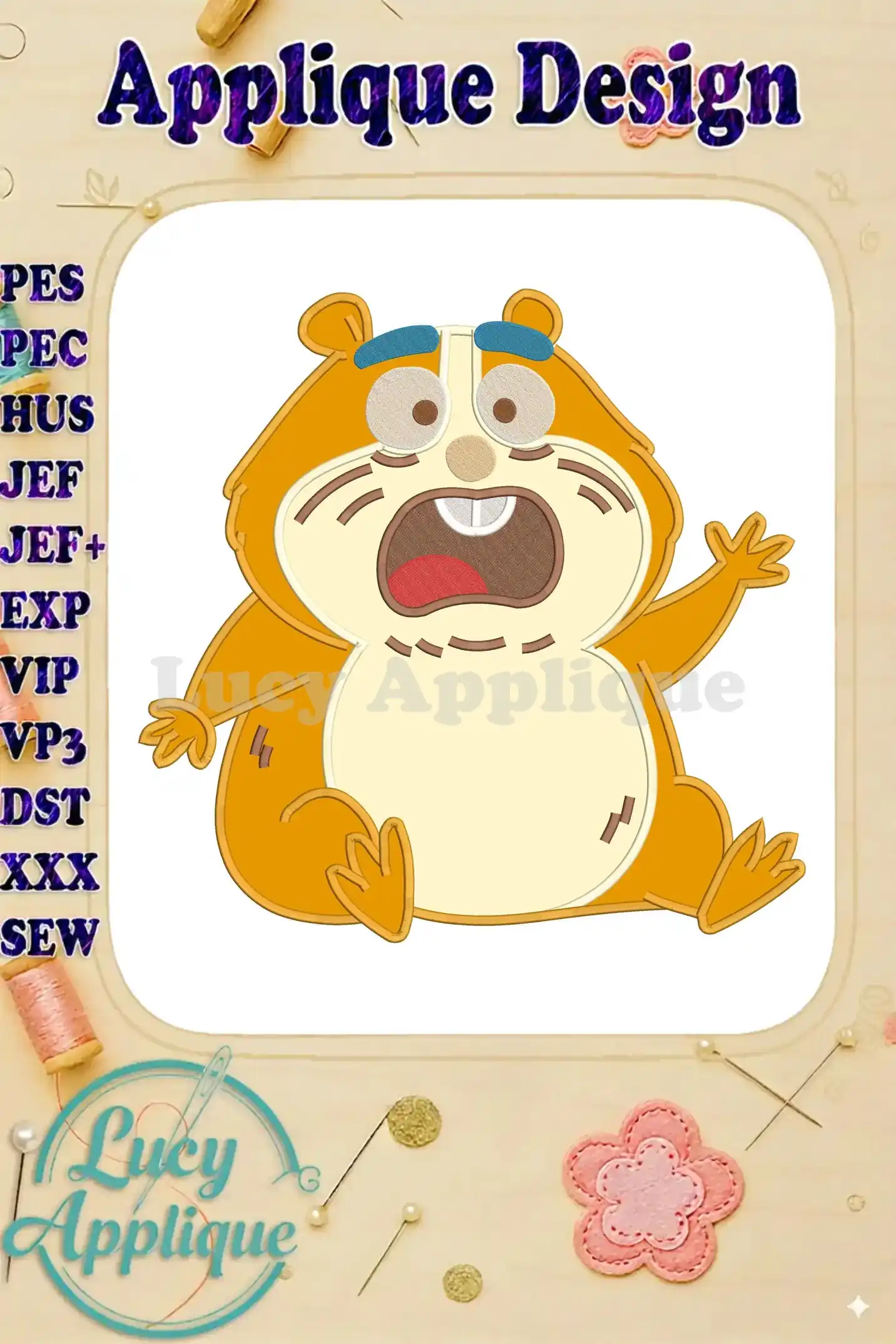 An expressive applique embroidery design featuring Chunk, the surprised orange hamster, with wide eyes and open mouth.