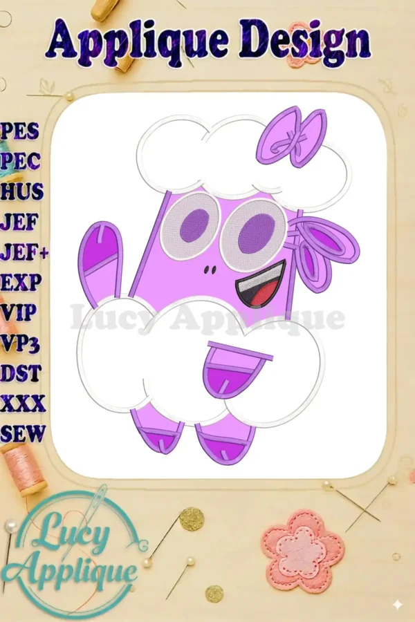 Vibrant applique embroidery design featuring a cheerful purple cloud-sheep character from 'A Garden Cartoon Movie The Greatest Thing Ever!'