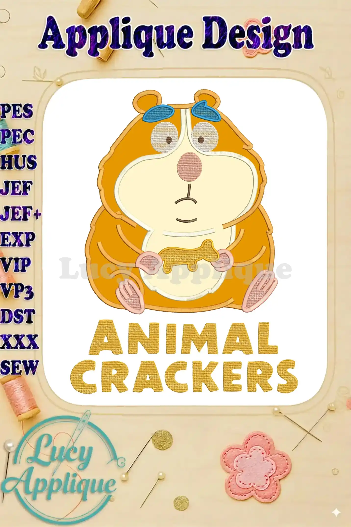 Adorable applique of a chubby orange animal holding an animal cracker, with "ANIMAL CRACKERS" text.